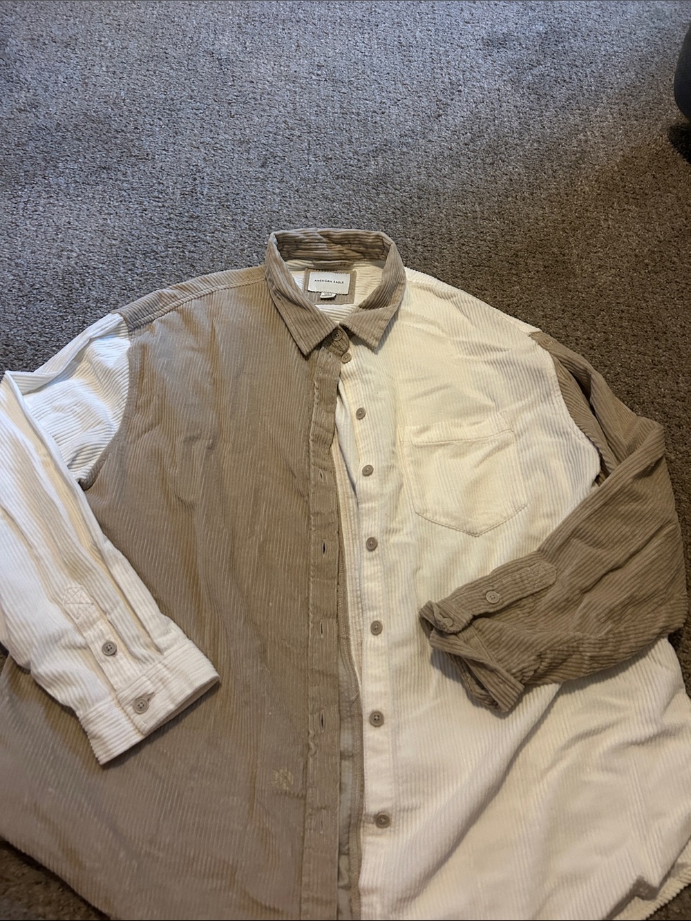 American Eagle Outfitters Two-Tone Corduroy Button-Up Shirt in White and Tan